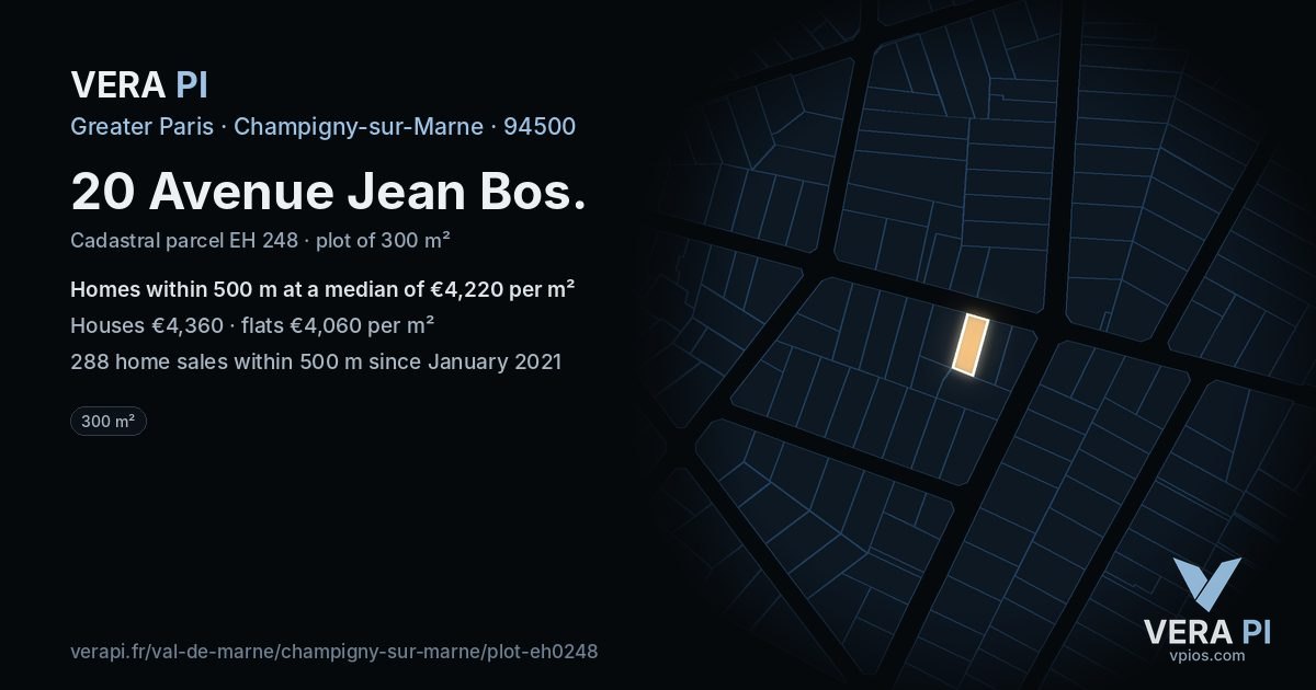 20 Avenue Jean Bos, Champigny-sur-Marne at night – the plot lit, the parcels around coloured by the prices near them