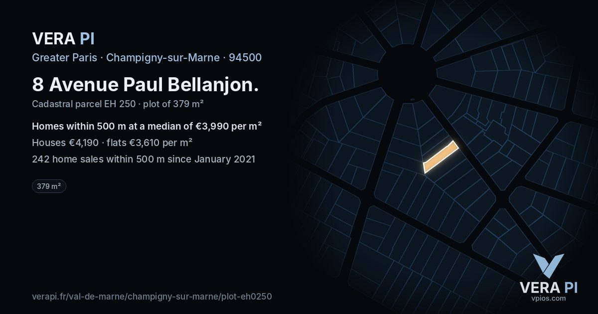 8 Avenue Paul Bellanjon, Champigny-sur-Marne at night – the plot lit, the parcels around coloured by the prices near them