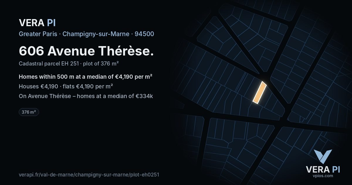 606 Avenue Thérèse, Champigny-sur-Marne at night – the plot lit, the parcels around coloured by the prices near them