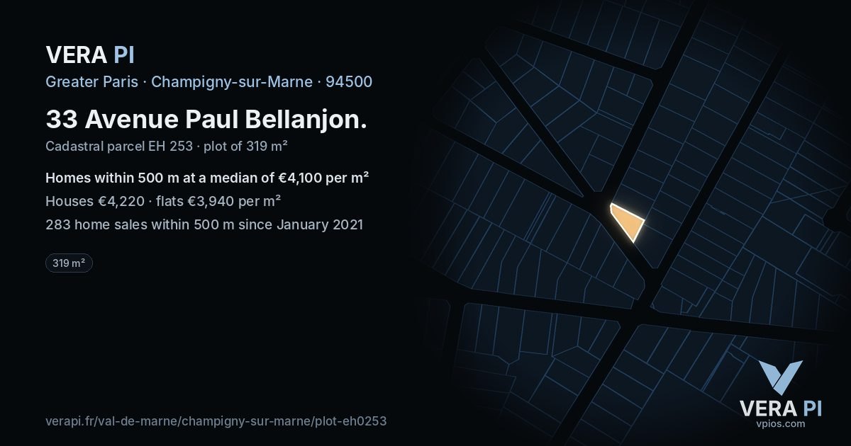 33 Avenue Paul Bellanjon, Champigny-sur-Marne at night – the plot lit, the parcels around coloured by the prices near them