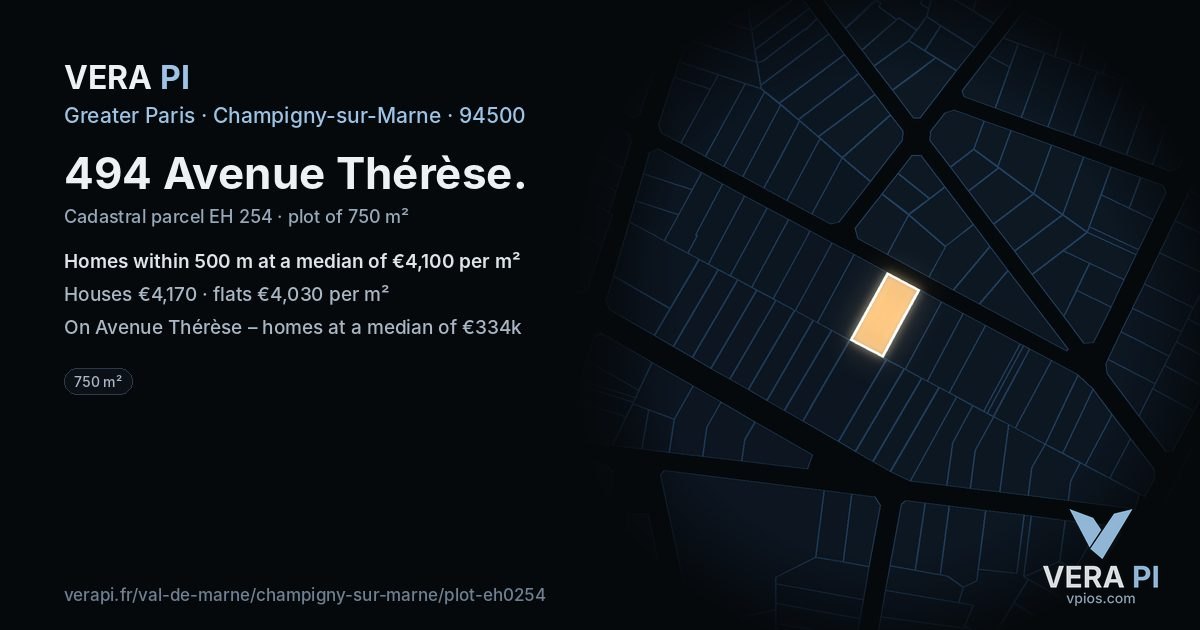 494 Avenue Thérèse, Champigny-sur-Marne at night – the plot lit, the parcels around coloured by the prices near them