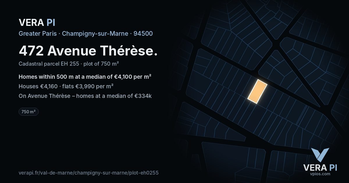 472 Avenue Thérèse, Champigny-sur-Marne at night – the plot lit, the parcels around coloured by the prices near them
