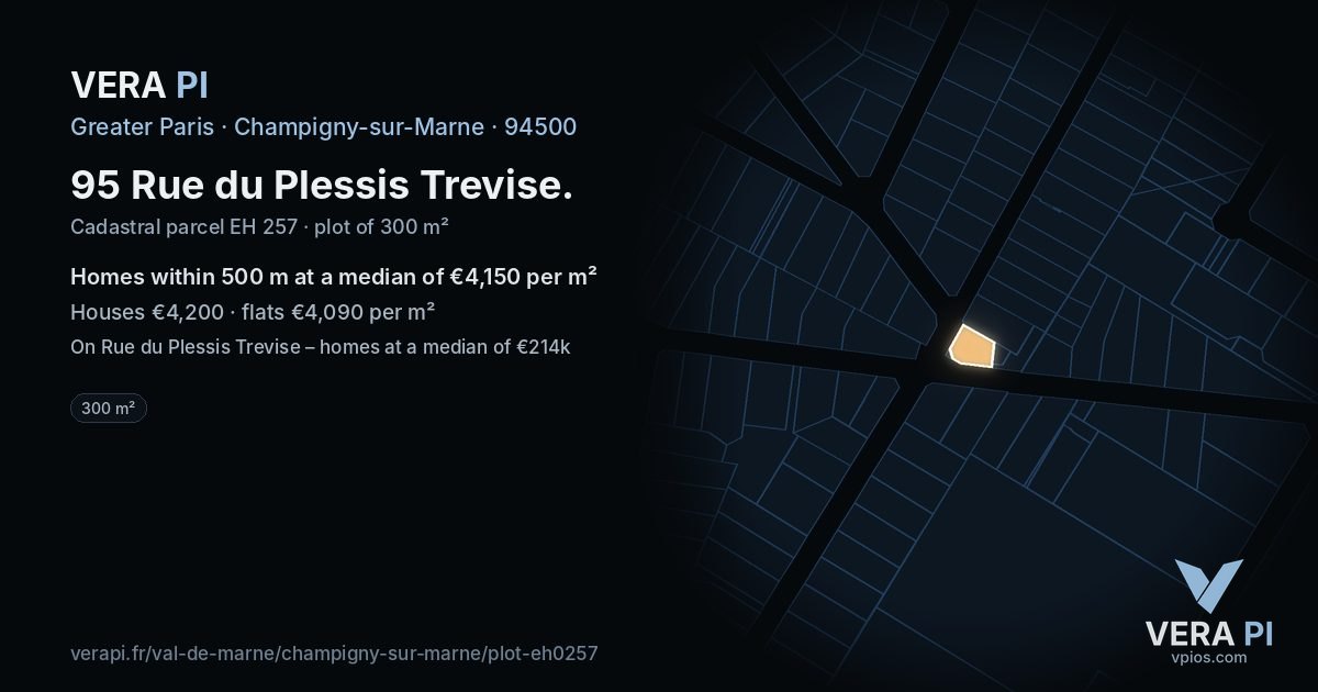 95 Rue du Plessis Trevise, Champigny-sur-Marne at night – the plot lit, the parcels around coloured by the prices near them