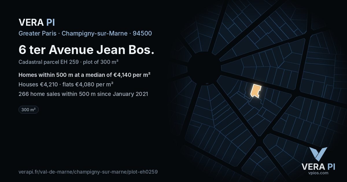 6 ter Avenue Jean Bos, Champigny-sur-Marne at night – the plot lit, the parcels around coloured by the prices near them