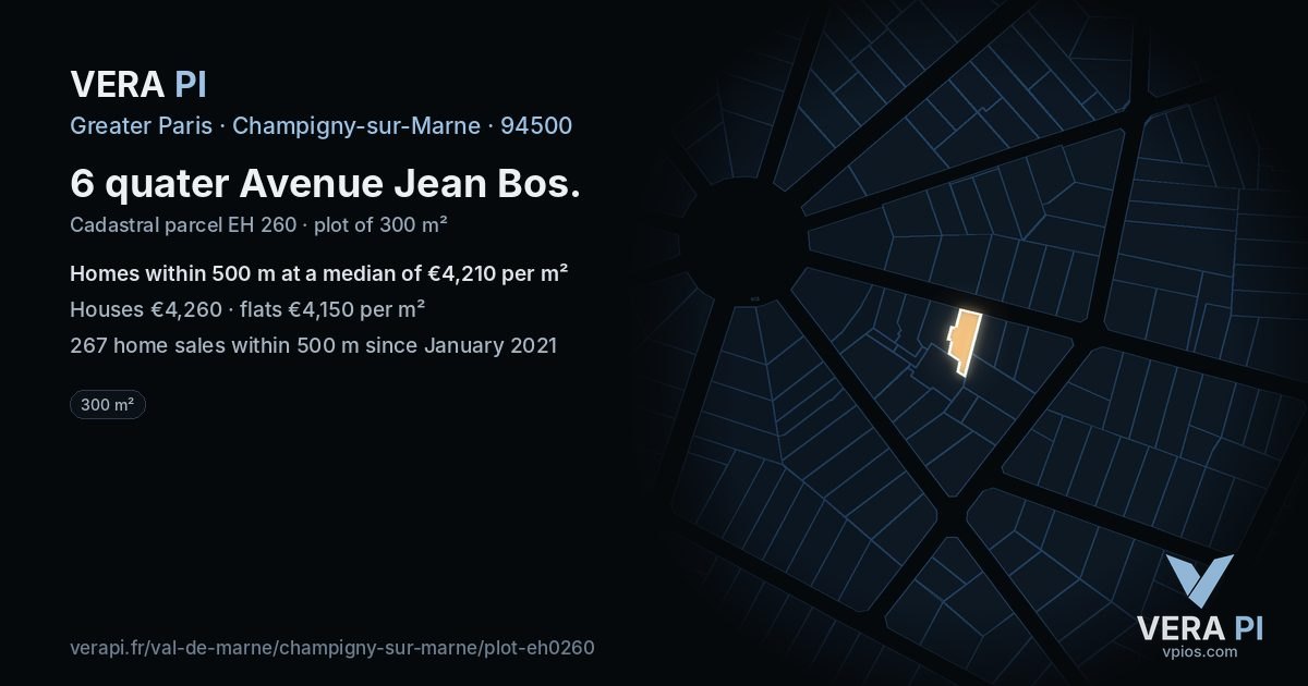6 quater Avenue Jean Bos, Champigny-sur-Marne at night – the plot lit, the parcels around coloured by the prices near them