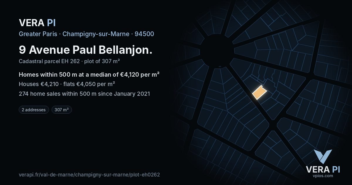 9 Avenue Paul Bellanjon, Champigny-sur-Marne at night – the plot lit, the parcels around coloured by the prices near them