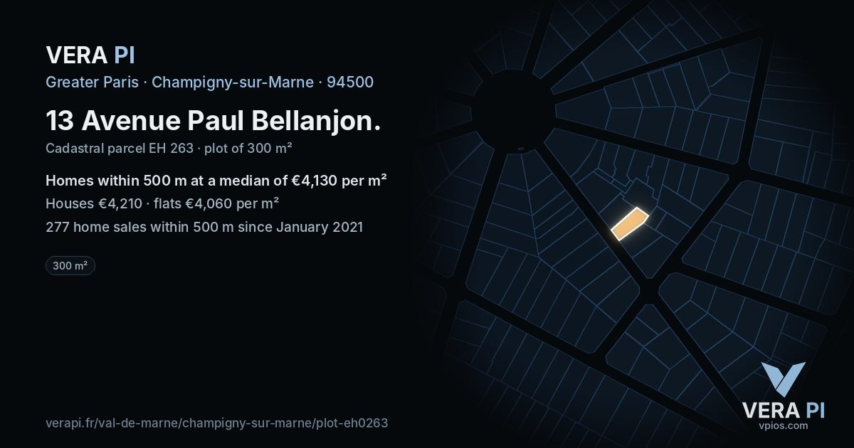 13 Avenue Paul Bellanjon, Champigny-sur-Marne at night – the plot lit, the parcels around coloured by the prices near them
