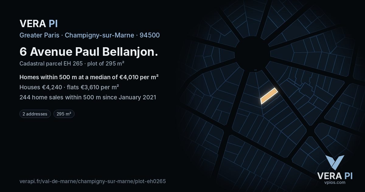 6 Avenue Paul Bellanjon, Champigny-sur-Marne at night – the plot lit, the parcels around coloured by the prices near them