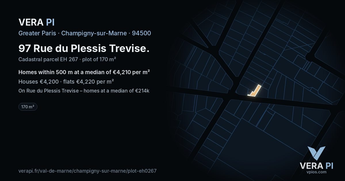 97 Rue du Plessis Trevise, Champigny-sur-Marne at night – the plot lit, the parcels around coloured by the prices near them