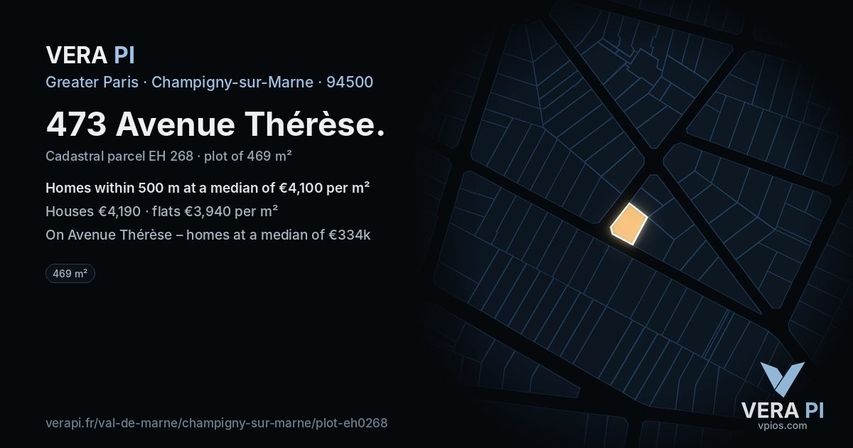 473 Avenue Thérèse, Champigny-sur-Marne at night – the plot lit, the parcels around coloured by the prices near them