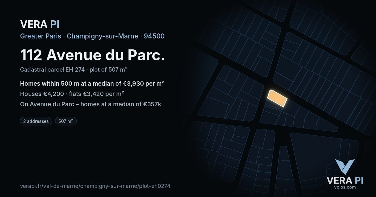 112 Avenue du Parc, Champigny-sur-Marne at night – the plot lit, the parcels around coloured by the prices near them