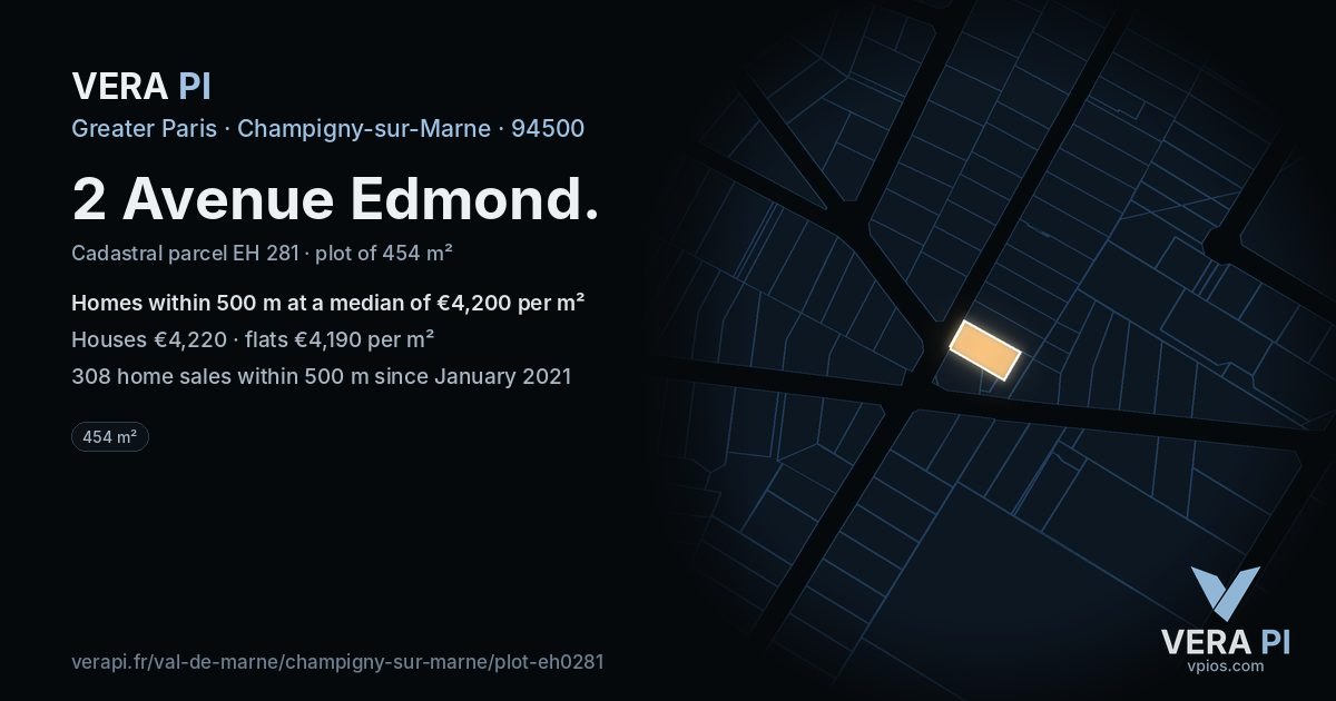 2 Avenue Edmond, Champigny-sur-Marne at night – the plot lit, the parcels around coloured by the prices near them