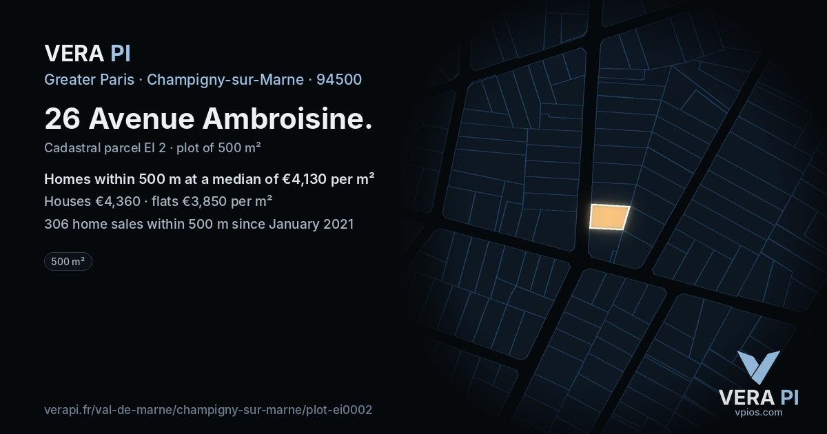 26 Avenue Ambroisine, Champigny-sur-Marne at night – the plot lit, the parcels around coloured by the prices near them