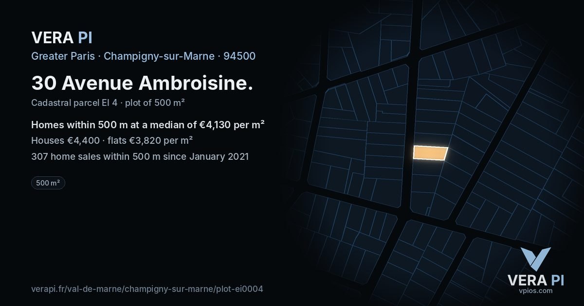 30 Avenue Ambroisine, Champigny-sur-Marne at night – the plot lit, the parcels around coloured by the prices near them