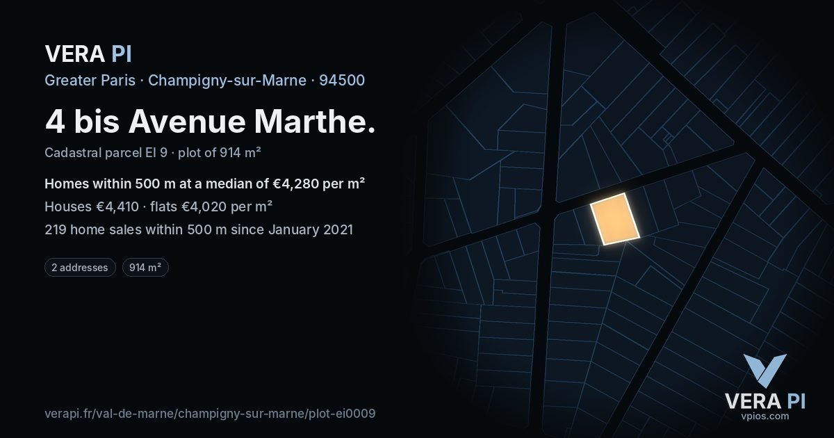 4 bis Avenue Marthe, Champigny-sur-Marne at night – the plot lit, the parcels around coloured by the prices near them