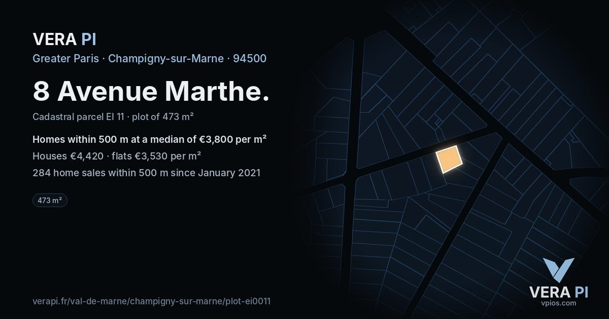 8 Avenue Marthe, Champigny-sur-Marne at night – the plot lit, the parcels around coloured by the prices near them