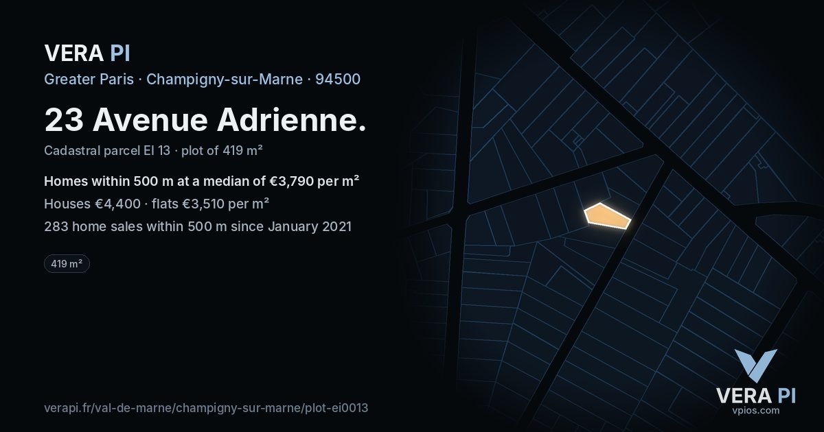23 Avenue Adrienne, Champigny-sur-Marne at night – the plot lit, the parcels around coloured by the prices near them