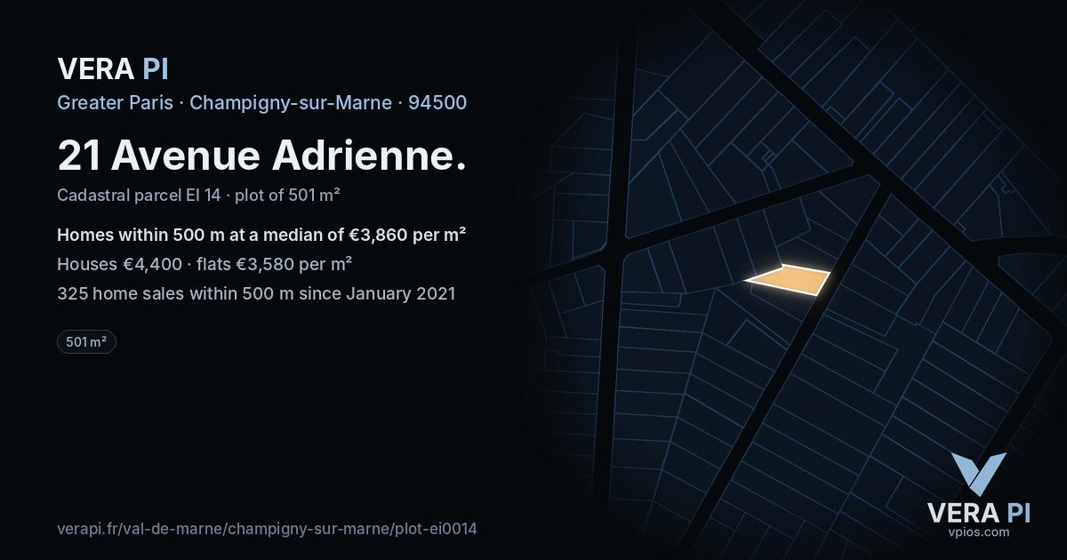 21 Avenue Adrienne, Champigny-sur-Marne at night – the plot lit, the parcels around coloured by the prices near them