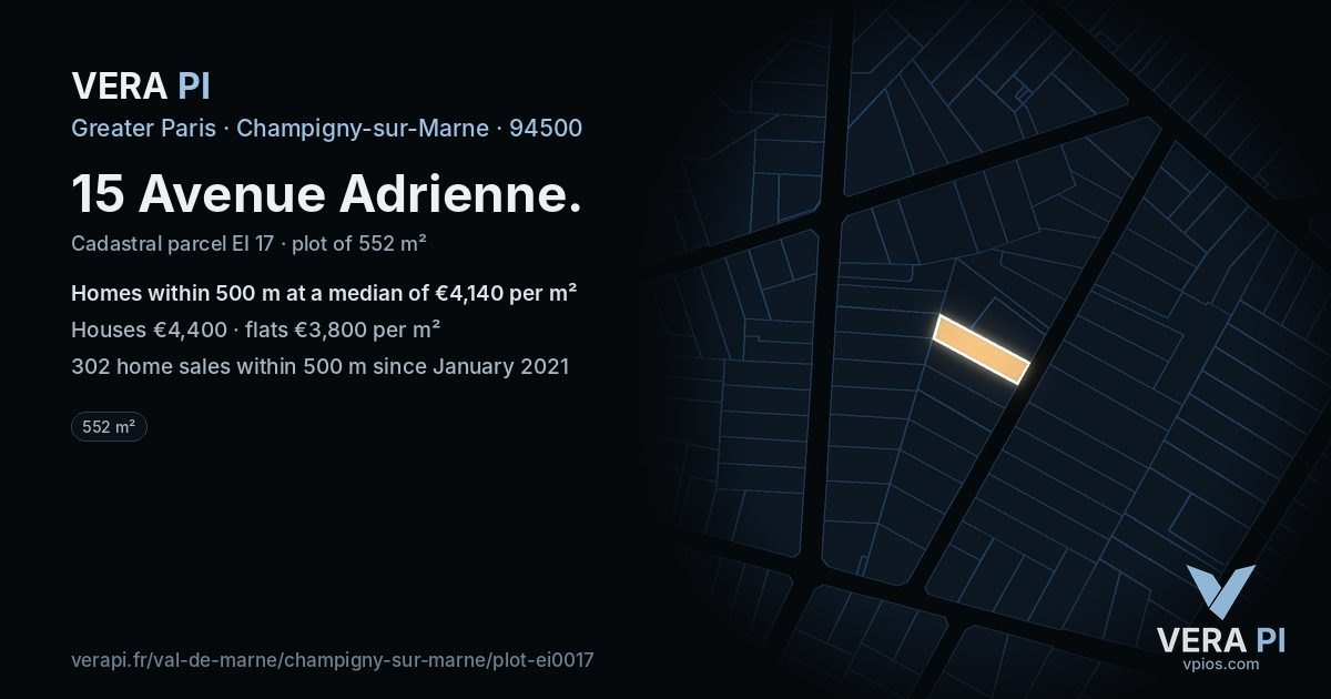 15 Avenue Adrienne, Champigny-sur-Marne at night – the plot lit, the parcels around coloured by the prices near them