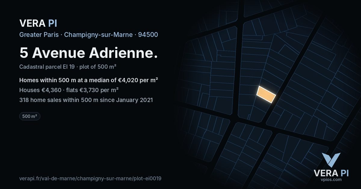5 Avenue Adrienne, Champigny-sur-Marne at night – the plot lit, the parcels around coloured by the prices near them