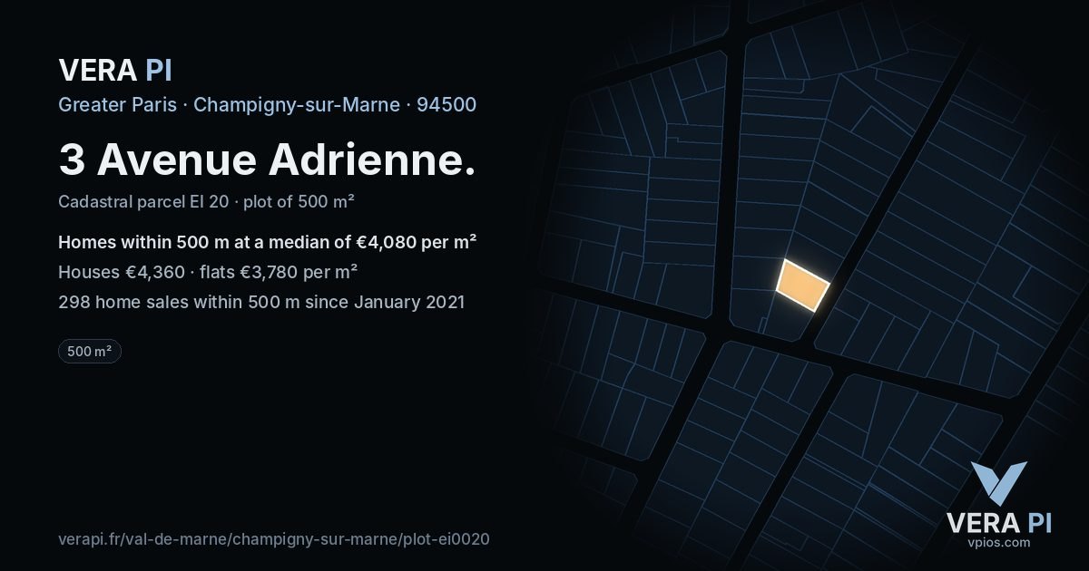 3 Avenue Adrienne, Champigny-sur-Marne at night – the plot lit, the parcels around coloured by the prices near them
