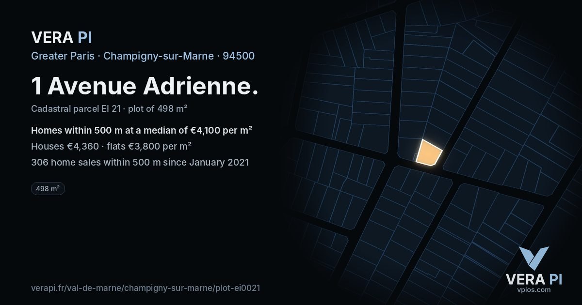 1 Avenue Adrienne, Champigny-sur-Marne at night – the plot lit, the parcels around coloured by the prices near them