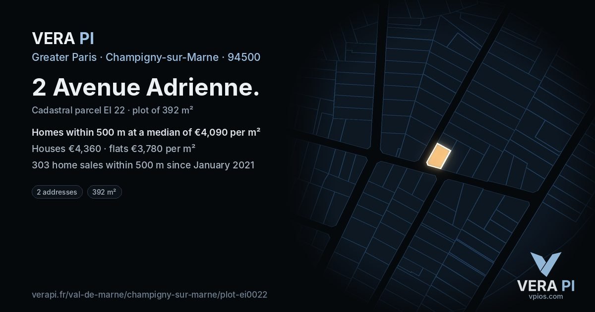 2 Avenue Adrienne, Champigny-sur-Marne at night – the plot lit, the parcels around coloured by the prices near them