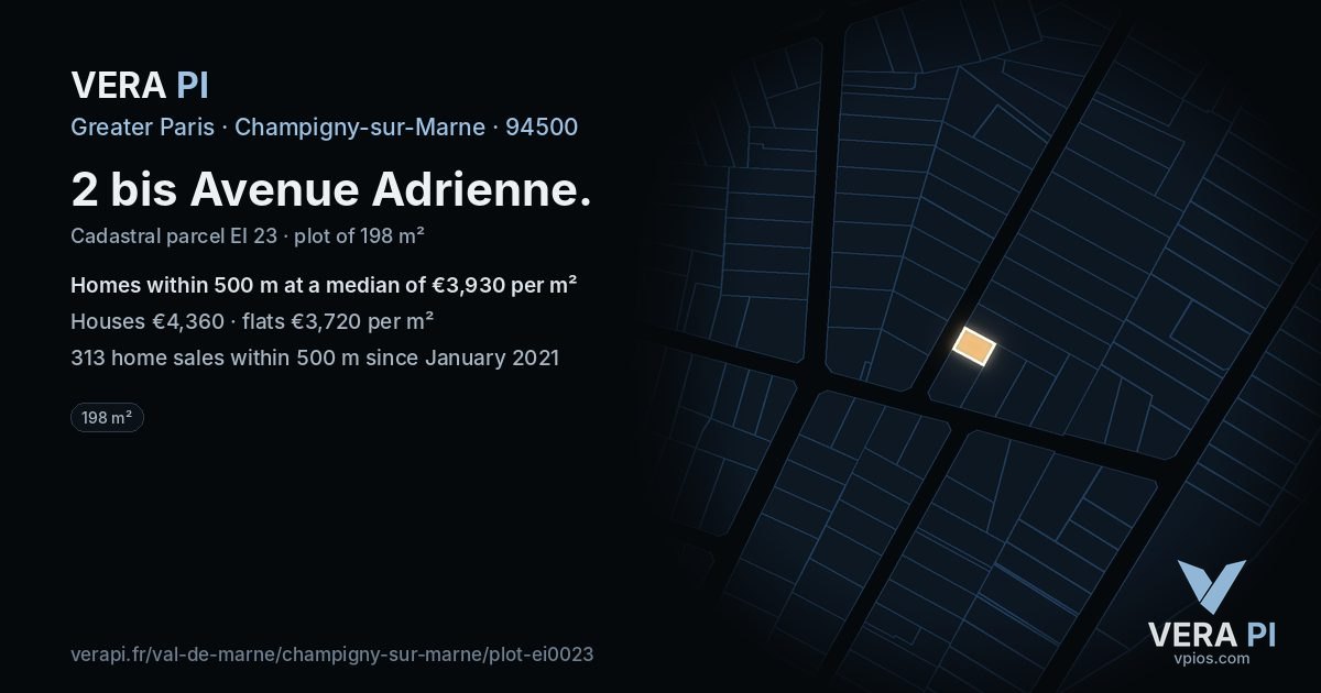 2 bis Avenue Adrienne, Champigny-sur-Marne at night – the plot lit, the parcels around coloured by the prices near them