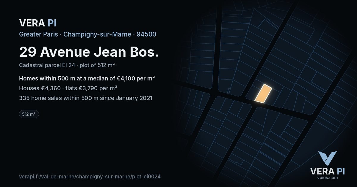 29 Avenue Jean Bos, Champigny-sur-Marne at night – the plot lit, the parcels around coloured by the prices near them