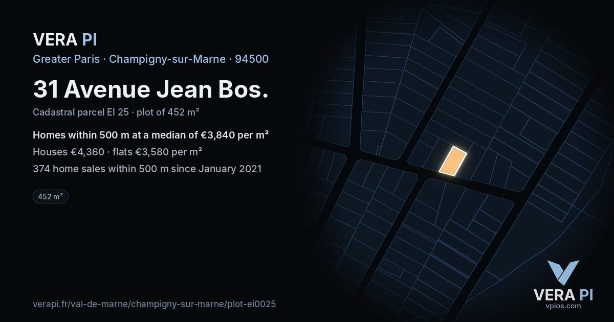 31 Avenue Jean Bos, Champigny-sur-Marne at night – the plot lit, the parcels around coloured by the prices near them