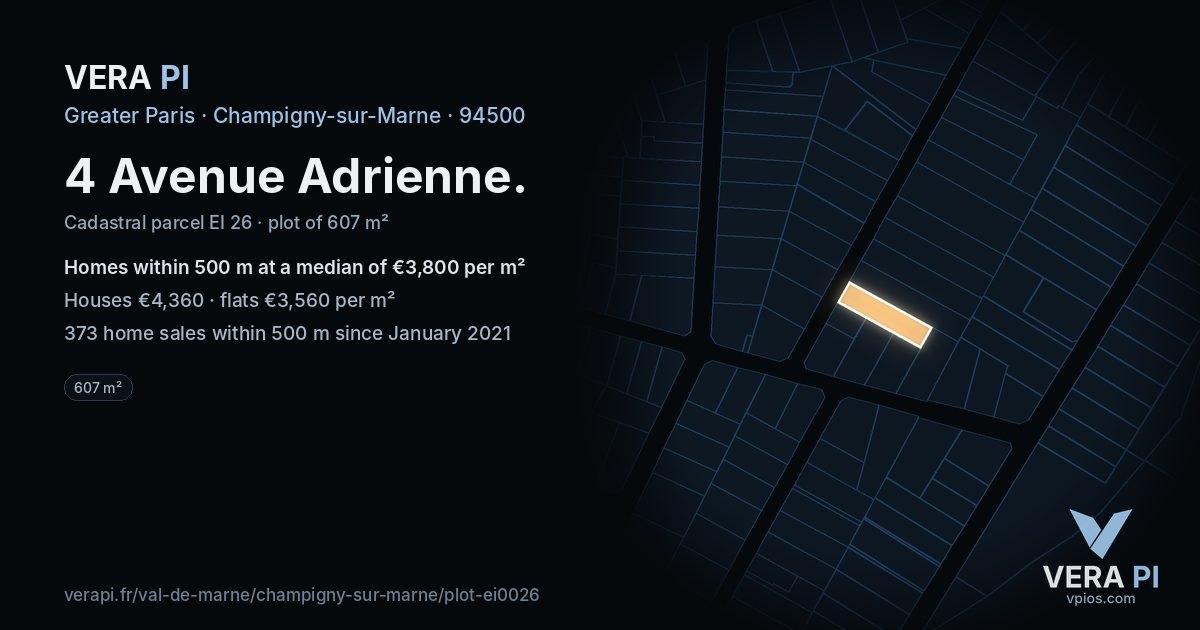 4 Avenue Adrienne, Champigny-sur-Marne at night – the plot lit, the parcels around coloured by the prices near them