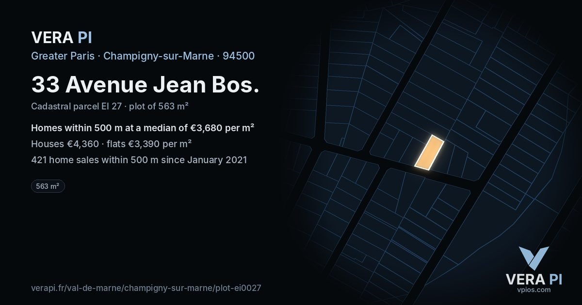 33 Avenue Jean Bos, Champigny-sur-Marne at night – the plot lit, the parcels around coloured by the prices near them
