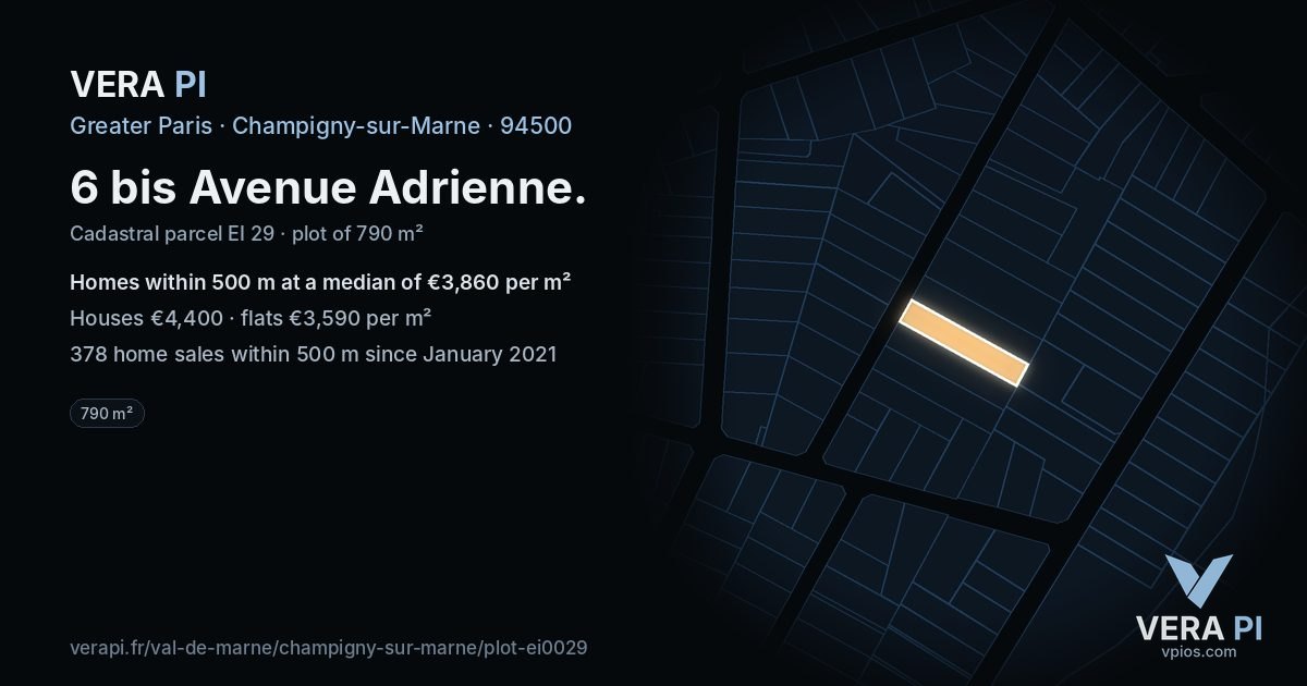 6 bis Avenue Adrienne, Champigny-sur-Marne at night – the plot lit, the parcels around coloured by the prices near them