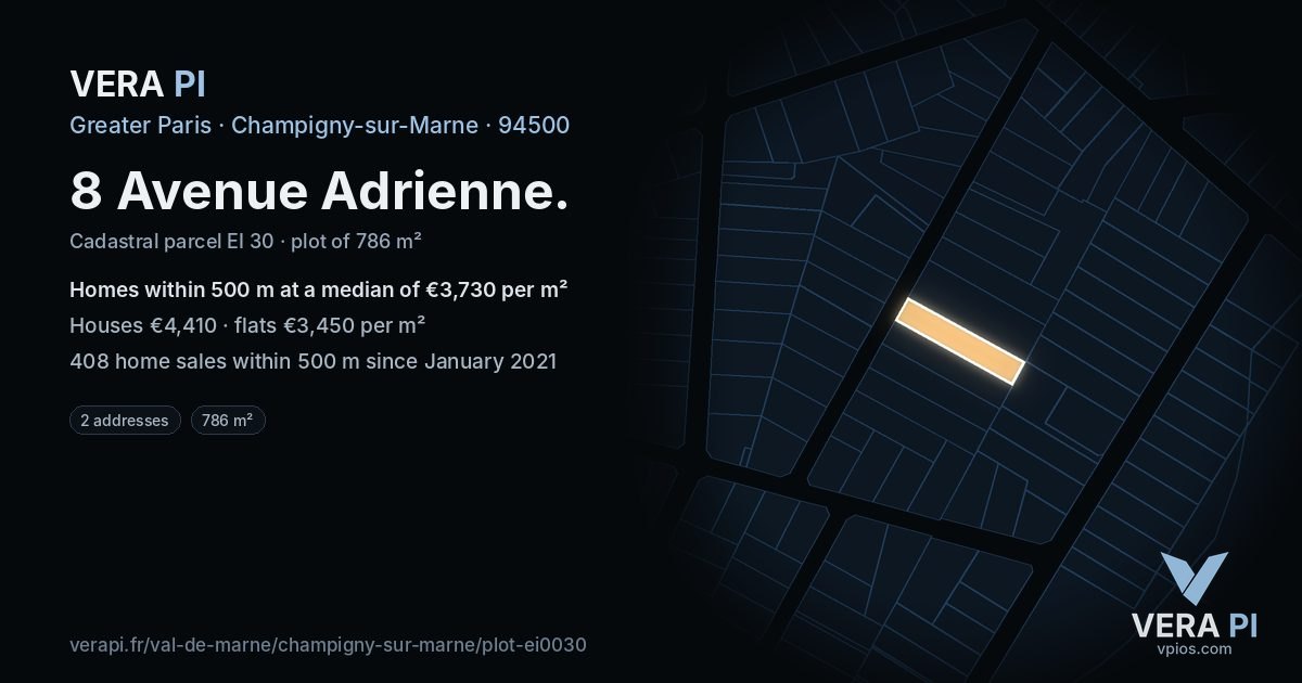 8 Avenue Adrienne, Champigny-sur-Marne at night – the plot lit, the parcels around coloured by the prices near them
