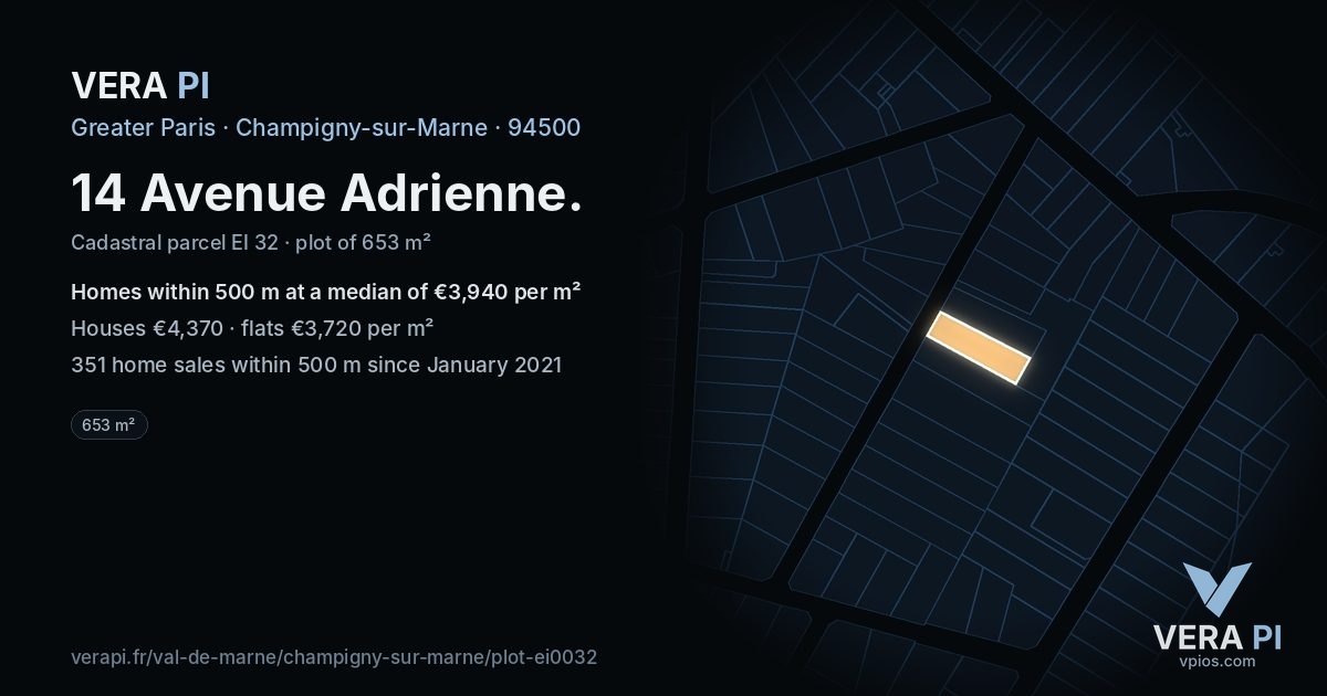 14 Avenue Adrienne, Champigny-sur-Marne at night – the plot lit, the parcels around coloured by the prices near them