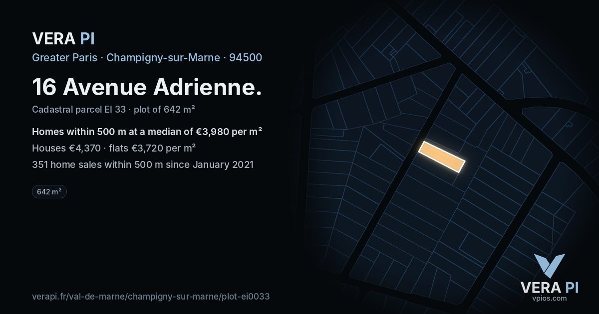 16 Avenue Adrienne, Champigny-sur-Marne at night – the plot lit, the parcels around coloured by the prices near them