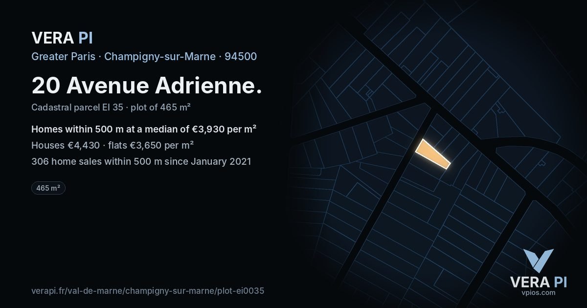 20 Avenue Adrienne, Champigny-sur-Marne at night – the plot lit, the parcels around coloured by the prices near them