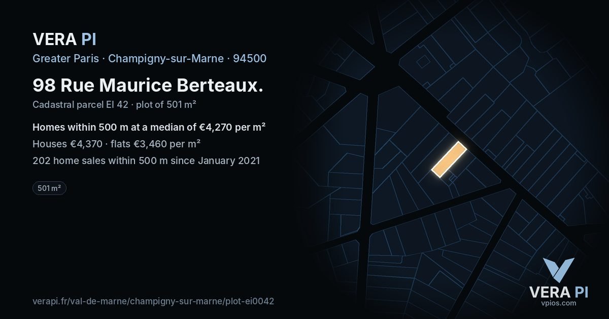 98 Rue Maurice Berteaux, Champigny-sur-Marne at night – the plot lit, the parcels around coloured by the prices near them