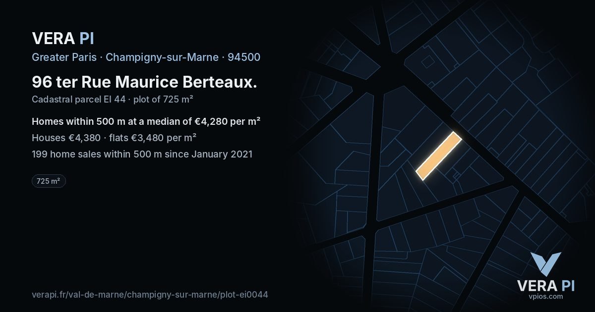 96 ter Rue Maurice Berteaux, Champigny-sur-Marne at night – the plot lit, the parcels around coloured by the prices near them