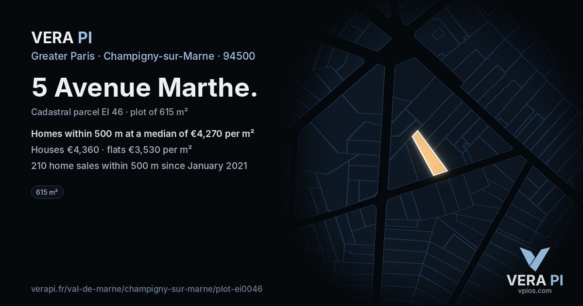 5 Avenue Marthe, Champigny-sur-Marne at night – the plot lit, the parcels around coloured by the prices near them