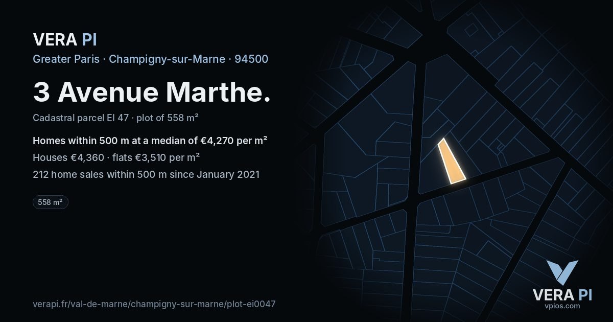 3 Avenue Marthe, Champigny-sur-Marne at night – the plot lit, the parcels around coloured by the prices near them