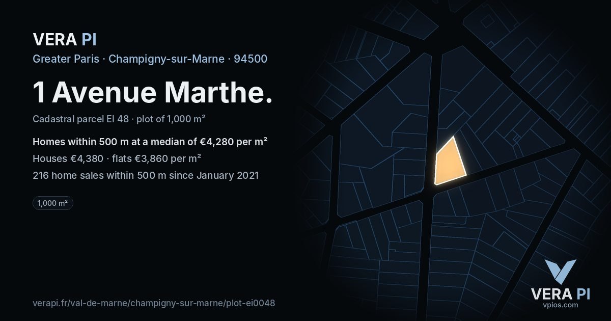 1 Avenue Marthe, Champigny-sur-Marne at night – the plot lit, the parcels around coloured by the prices near them