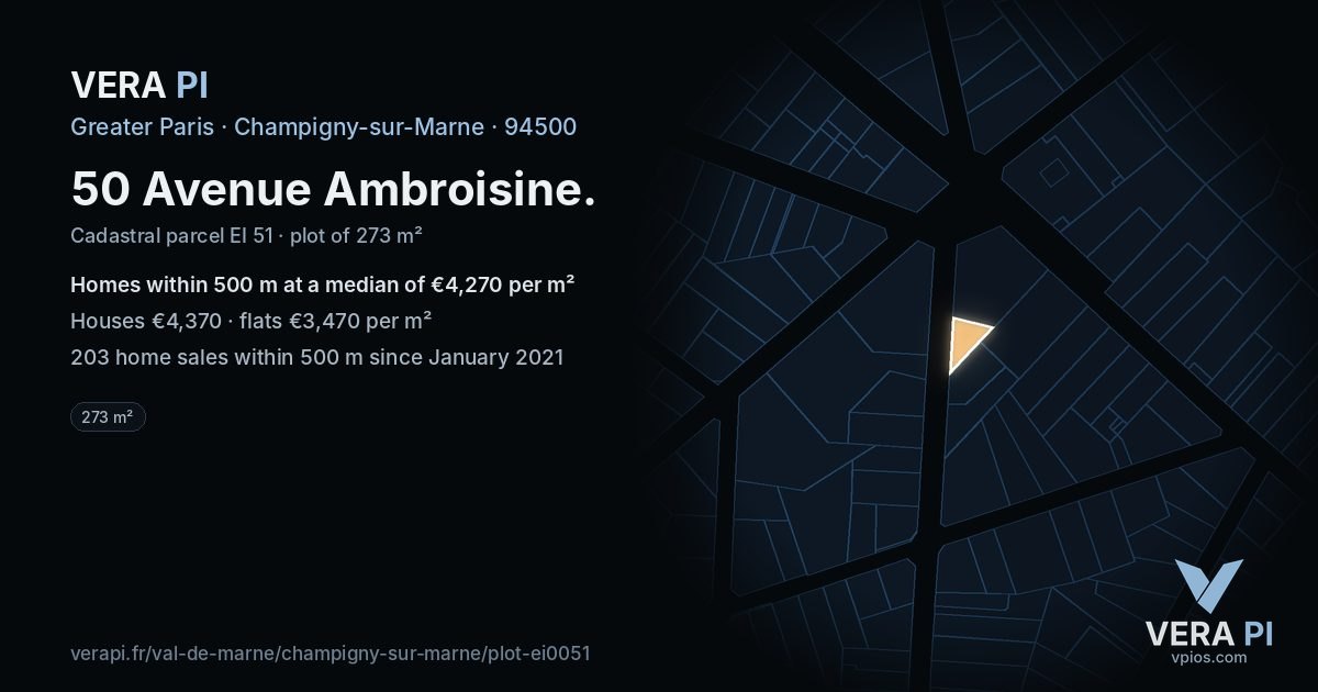 50 Avenue Ambroisine, Champigny-sur-Marne at night – the plot lit, the parcels around coloured by the prices near them