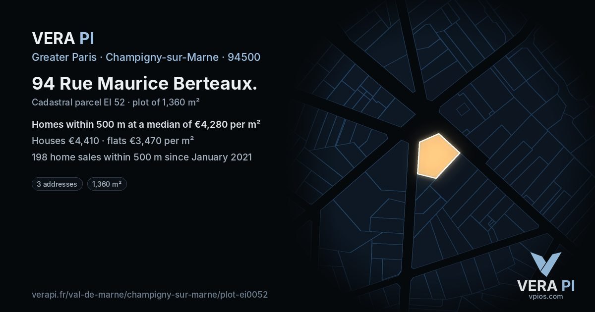 94 Rue Maurice Berteaux, Champigny-sur-Marne at night – the plot lit, the parcels around coloured by the prices near them