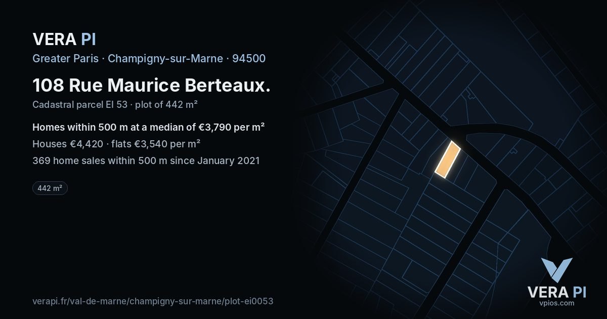 108 Rue Maurice Berteaux, Champigny-sur-Marne at night – the plot lit, the parcels around coloured by the prices near them