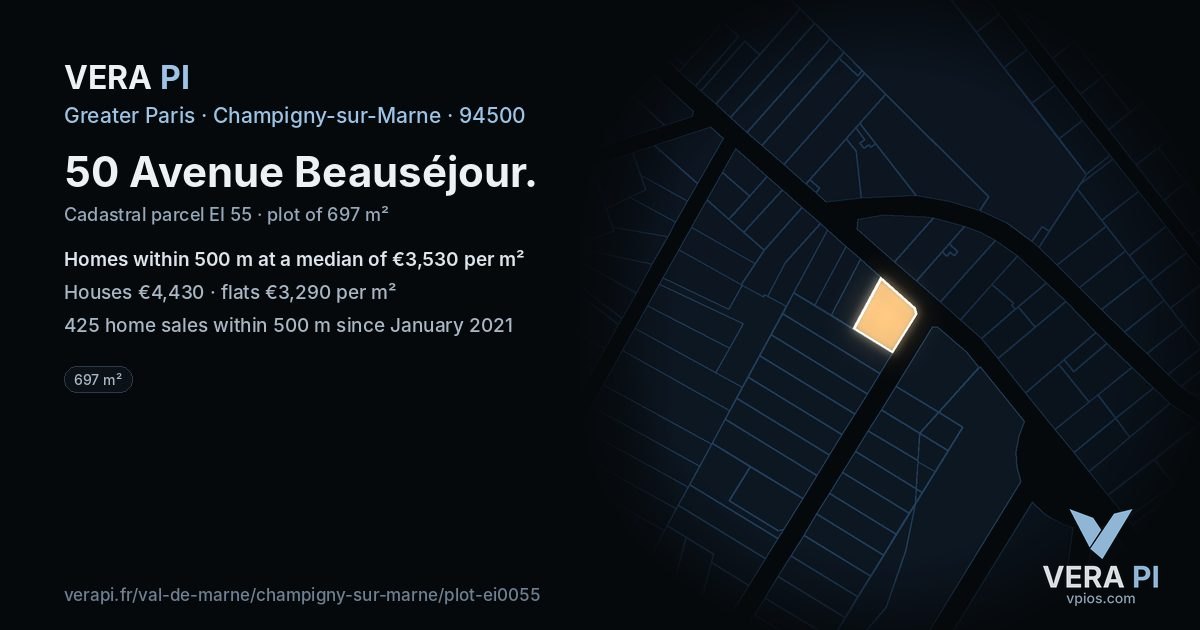 50 Avenue Beauséjour, Champigny-sur-Marne at night – the plot lit, the parcels around coloured by the prices near them