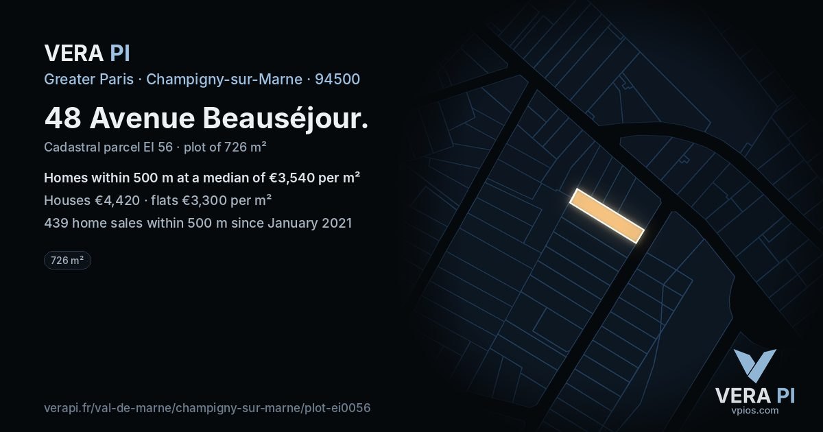 48 Avenue Beauséjour, Champigny-sur-Marne at night – the plot lit, the parcels around coloured by the prices near them
