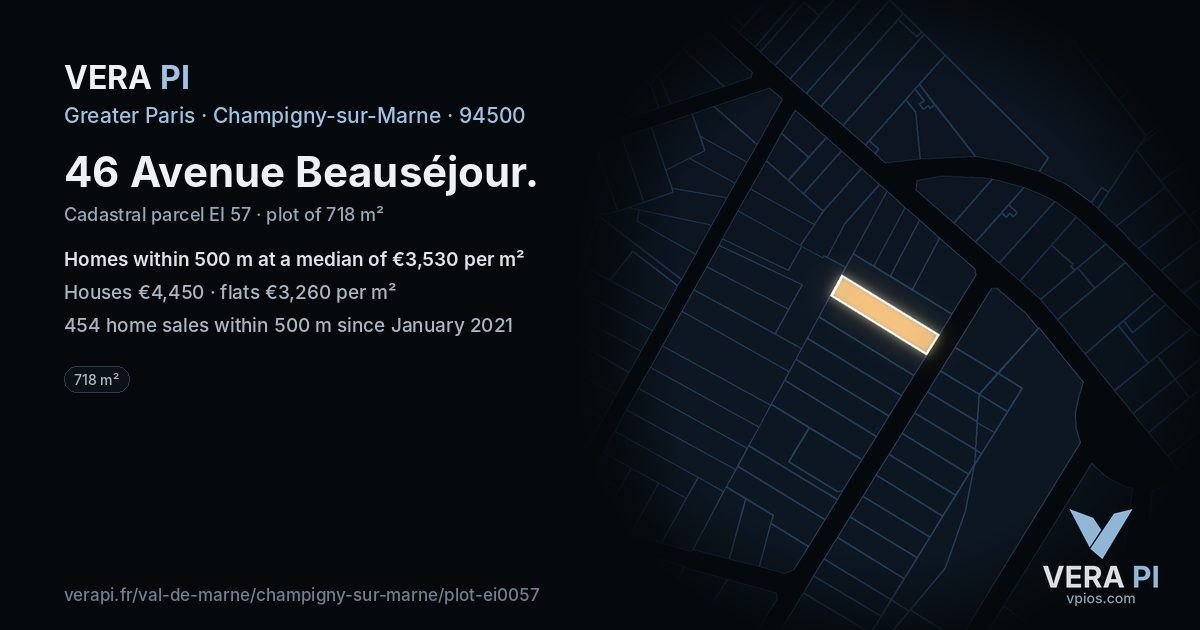 46 Avenue Beauséjour, Champigny-sur-Marne at night – the plot lit, the parcels around coloured by the prices near them