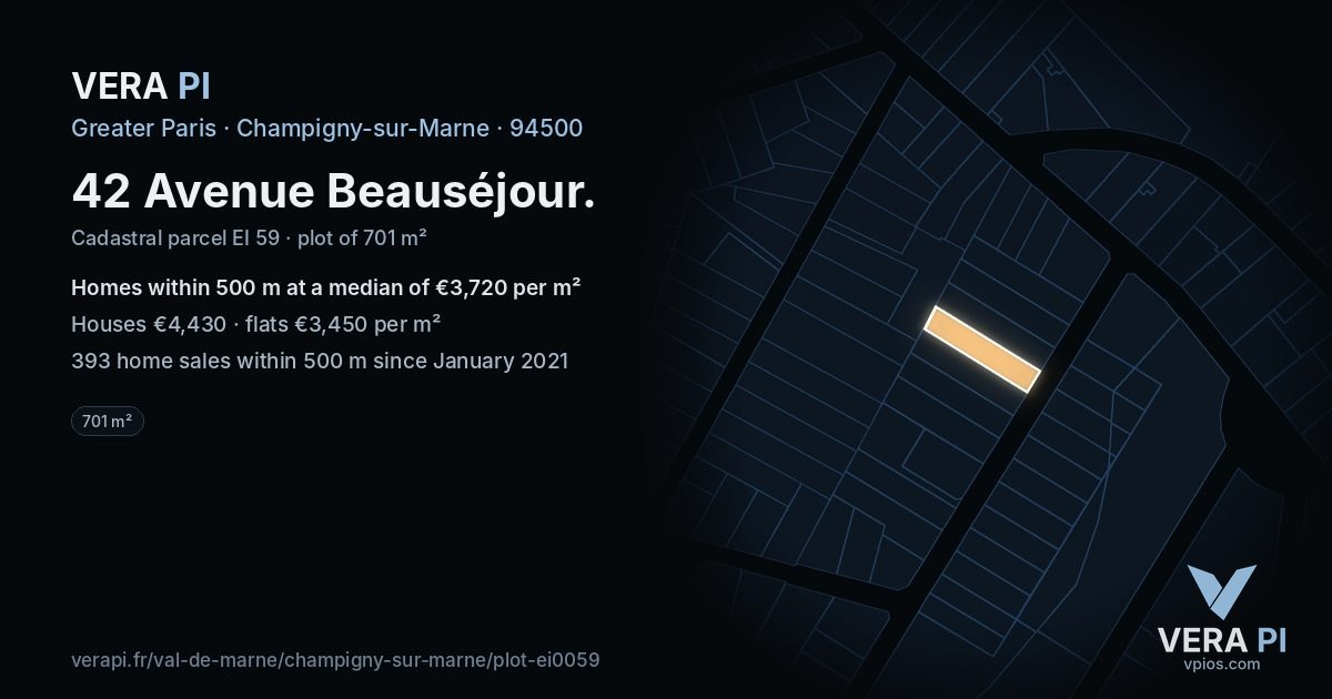 42 Avenue Beauséjour, Champigny-sur-Marne at night – the plot lit, the parcels around coloured by the prices near them