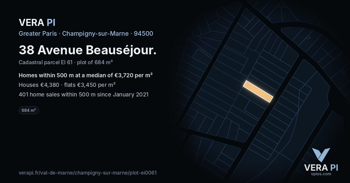 38 Avenue Beauséjour, Champigny-sur-Marne at night – the plot lit, the parcels around coloured by the prices near them
